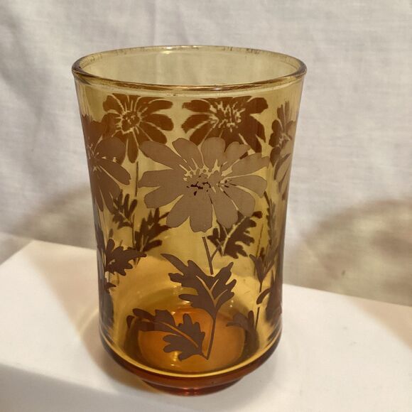 Libbey Brown/Amber Fade Daisy Small Juice Glasses Vintage Floral Pattern Retro - Picture 4 of 13